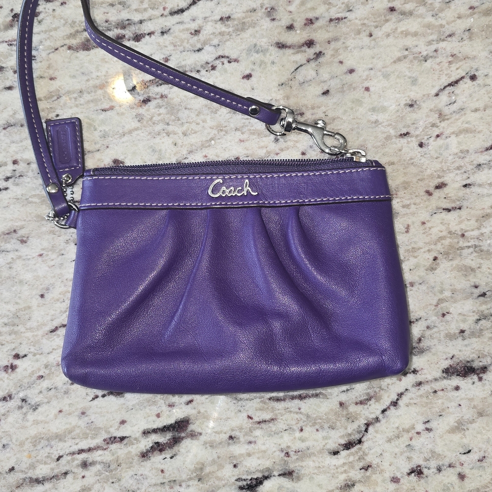 Coach Purple Leather Wristlet Clutch with Silver Hardware